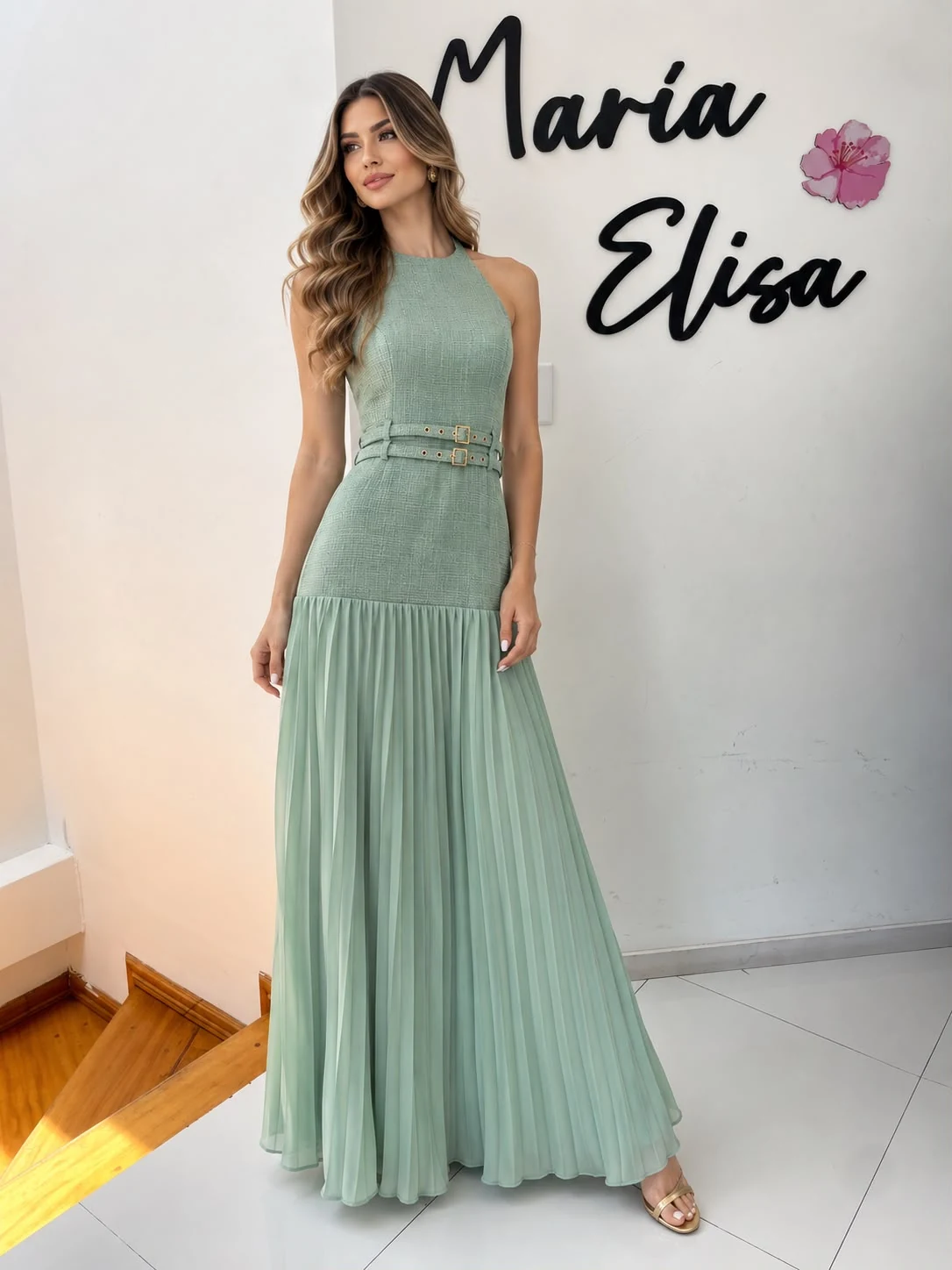 Vestido Doble cinturón Plisado Menta