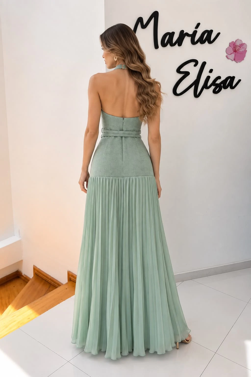 Vestido Doble cinturón Plisado Menta
