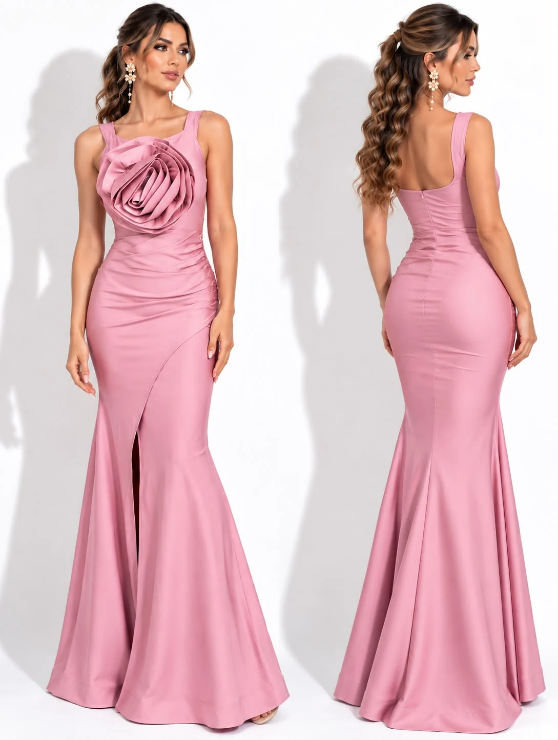 Vestido Palo de Rosa con flor en el pecho