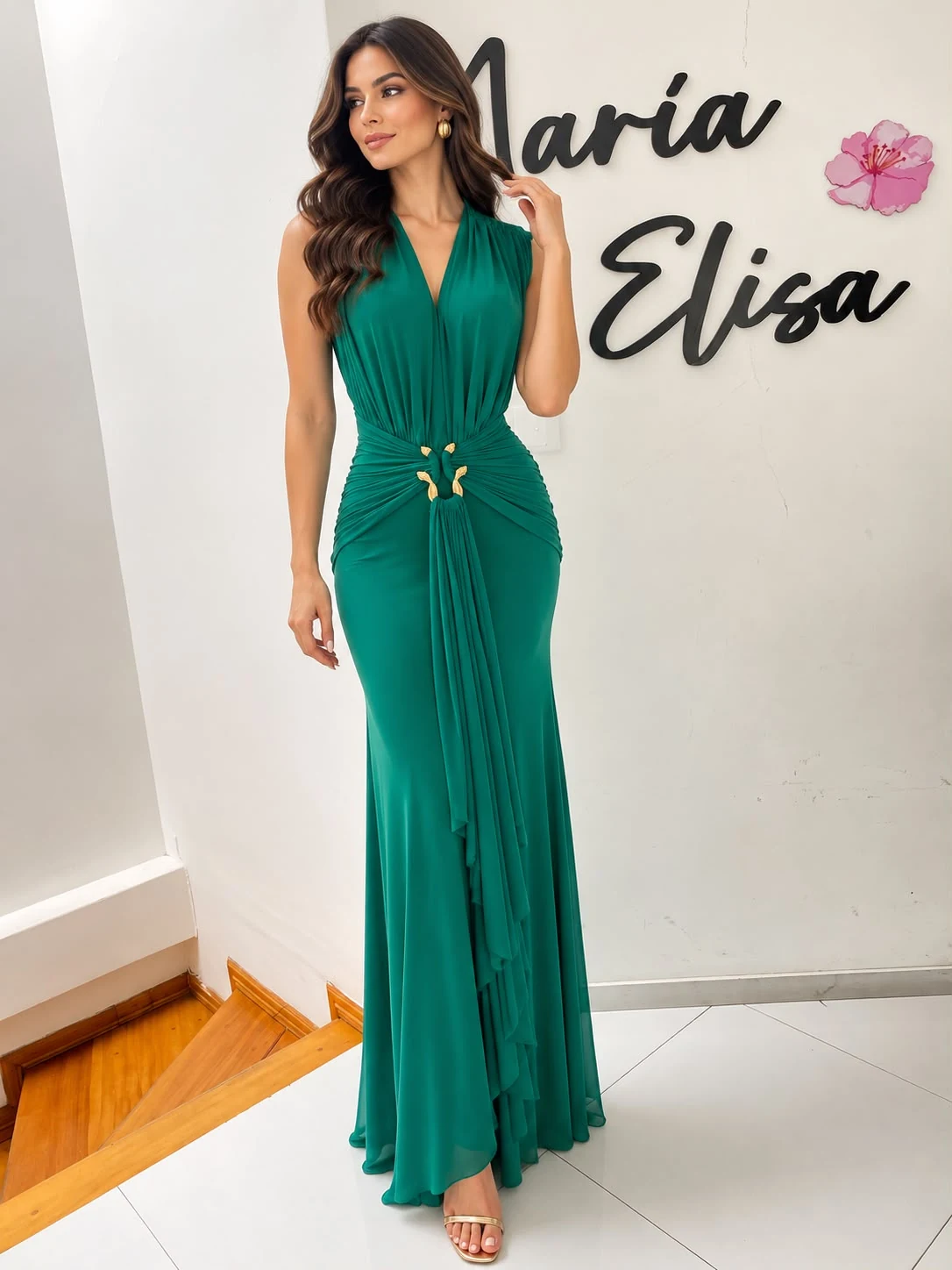 Vestido Verde con detalle dorado