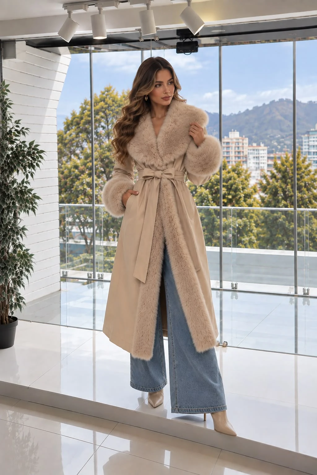Abrigo beige de cuerina con piezas desmontables
